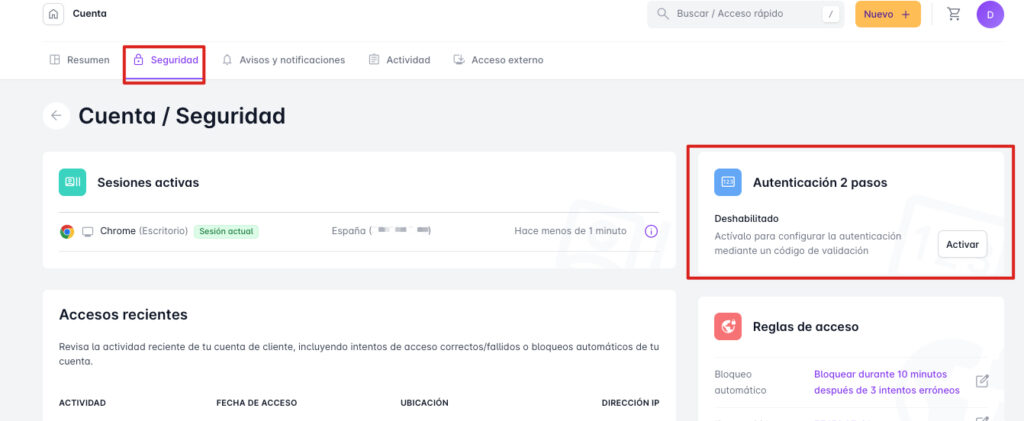 Como acceder al apartado donde habilitar la autenticación en dos pasos