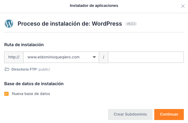 Instalador WordPress DonDomino - paso 2